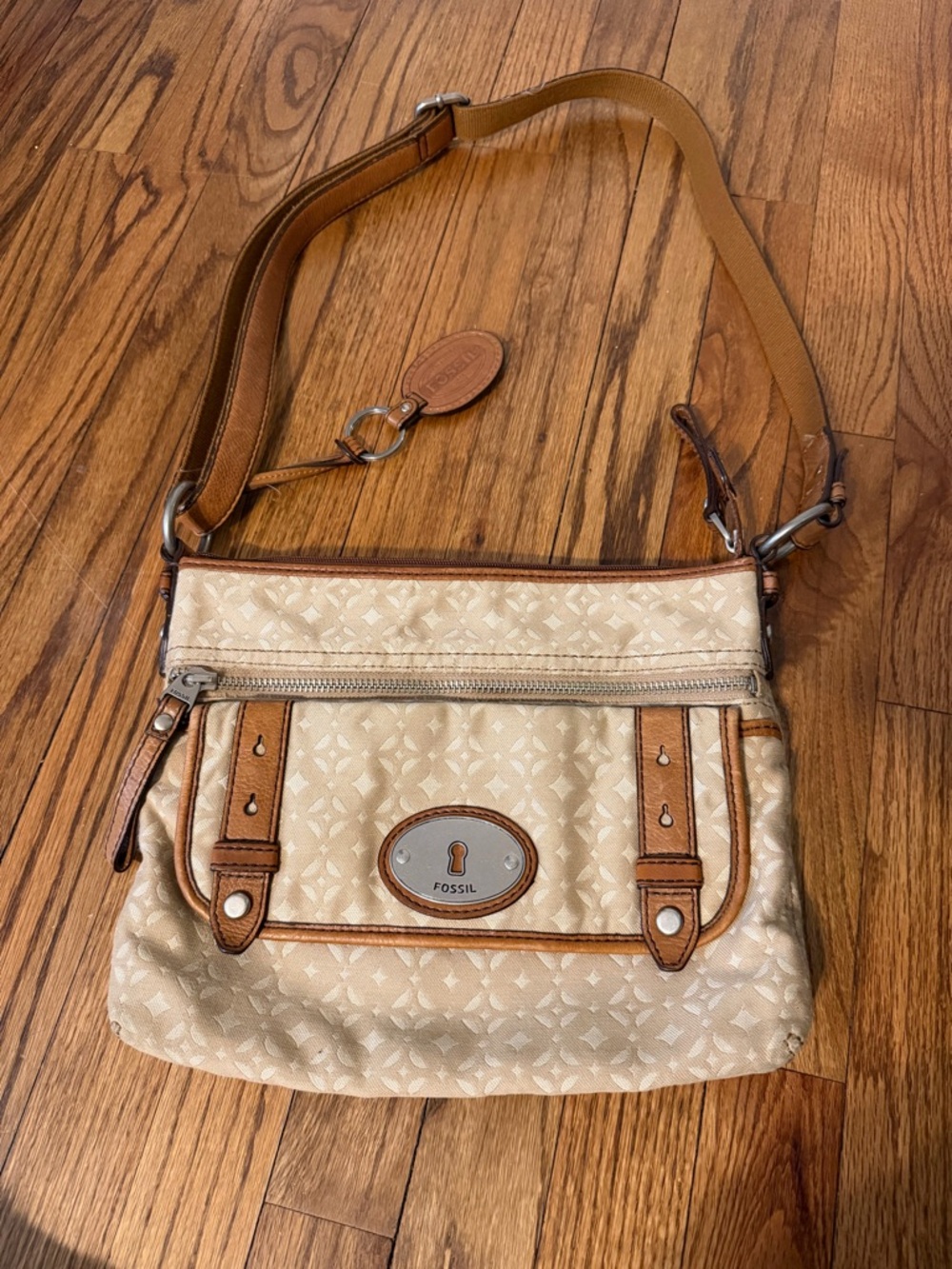 Fossil Beige and Tan Leather-Trim Crossbody Bag